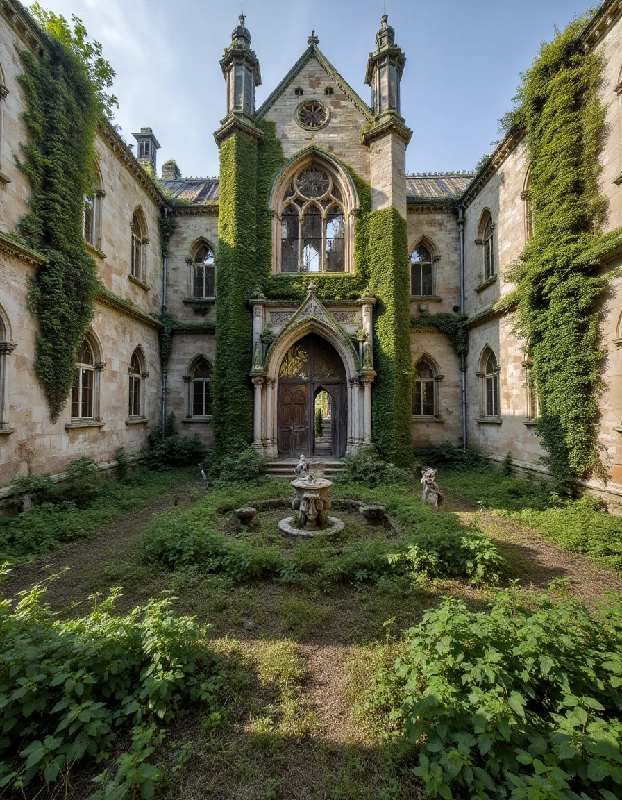 abndnd_plcs_rclmd, <lora:urban-decay-reclaimed_v10_rank64_bf16-step02160:1>A wide view of a massive, abandoned cathedral, its tall spires cracked and leaning. The large wooden doors are splintered, and the stone walls are covered in moss and vines. The surrounding courtyard is filled with broken statues and overgrown weeds, casting long shadows in the fading light.