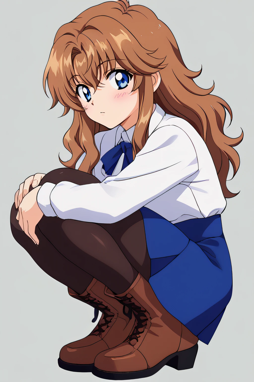 score_9, score_8_up, score_7_up, source_anime, rating_safe, intricate details, anime screencap, official style, 1girl, retro artstyle, <lora:Chall_Acustica_00P:1>, chall, blue eyes, brown hair, hair between eyes, wavy hair,  <lora:Artoria_outfit:0.6>, white collared shirt, blue ribbon, blue skirt, black pantyhose, brown boots, lace-up boots, looking at viewer, full body, simple background, from below, squatting, five fingers, hugging own legs, blush, surprised, closed mouth, from side