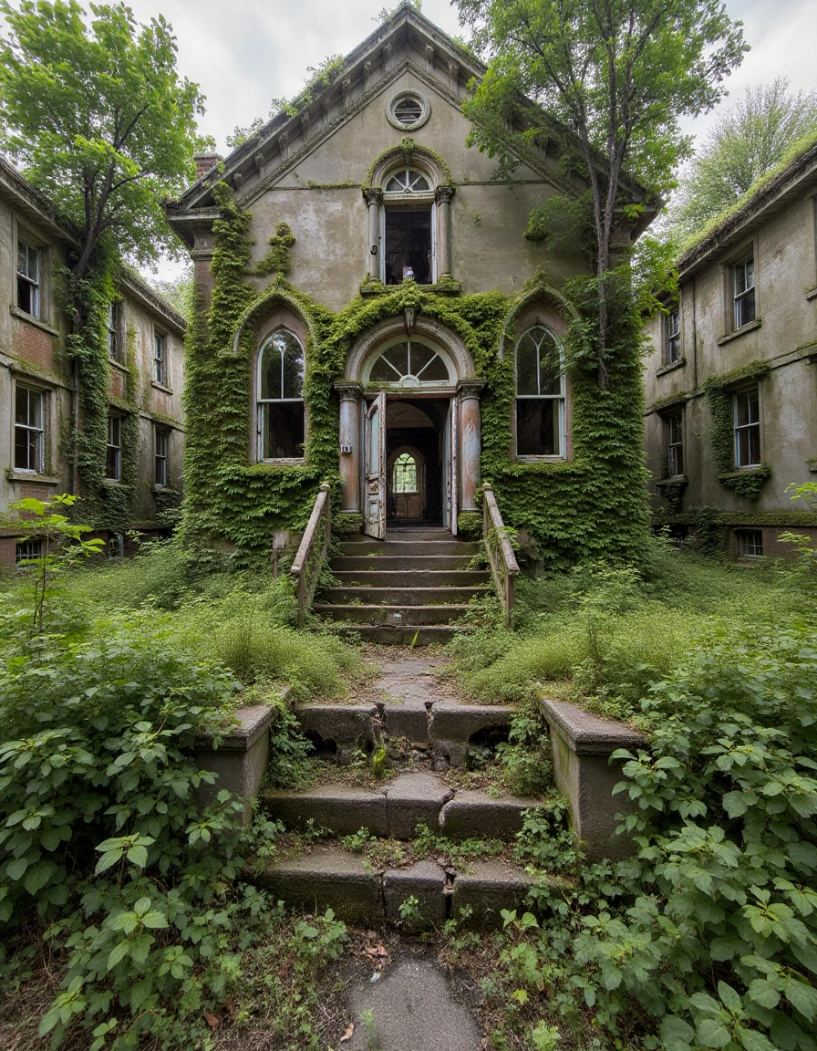 abndnd_plcs_rclmd, <lora:urban-decay-reclaimed_v10_rank64_bf16-step02160:1>A lonely, decaying church at the end of a narrow, overgrown street. The front steps are cracked and covered in moss, and the door hangs open, revealing the empty, dusty interior. The church bell, long unused, sits silent, and the surrounding houses are equally abandoned and overgrown.