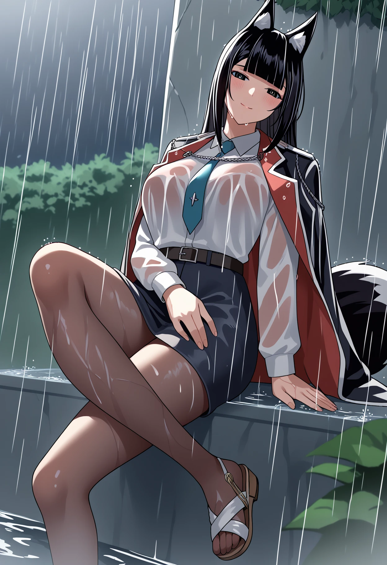 score_9, score_8_up, score_7_up, source_anime, rating_explicit,
BREAK
<lora:shiRainingV1:1>, shirain, rain, night,   
outdoors, wet, wet hair, sitting, against wall, 
1girl, solo, 
<lora:shiBelialV1:1> shiBelialADRIAN, long hair, fox ears, blunt bangs, tail, large breasts, collared shirt, necktie, jacket, jacket on shoulders, long sleeves, belt, black pantyhose, miniskirt, legs, 
looking at viewer, seductive smile, blush, head tilt, half-closed eyes, closed mouth, 
<lora:shiNurseSandalsV1:0.9>, shinursesandals,