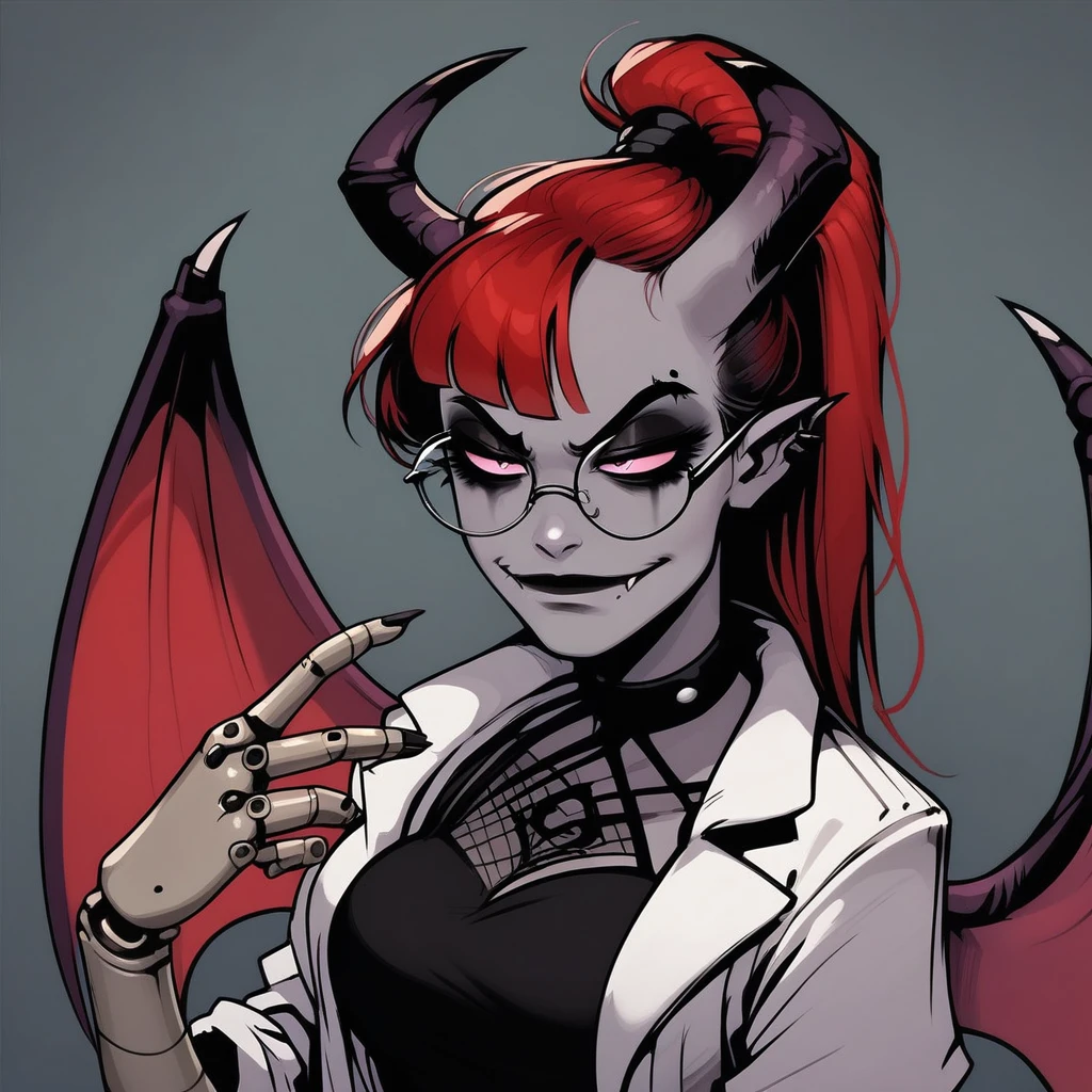 score_9, score_8_up, score_7_up, <lora:ShitpostSuccubusV2:1> SophraxiaHornyscientistV2, succubus, 1 girl, grey skin, goth, goth girl, goth makeup, grey colored skin, red hair, demon girl, horns, wings, bat wings, demon wings, red wings, lab coat, coat, single mechanical arm, glasses, round glasses, ponytail, high taied ponytail, side bangs, Oneprostethicarm, pink eyes,, amputee, prosthesis, prosthetic arm, medium breasts, pointy ears,