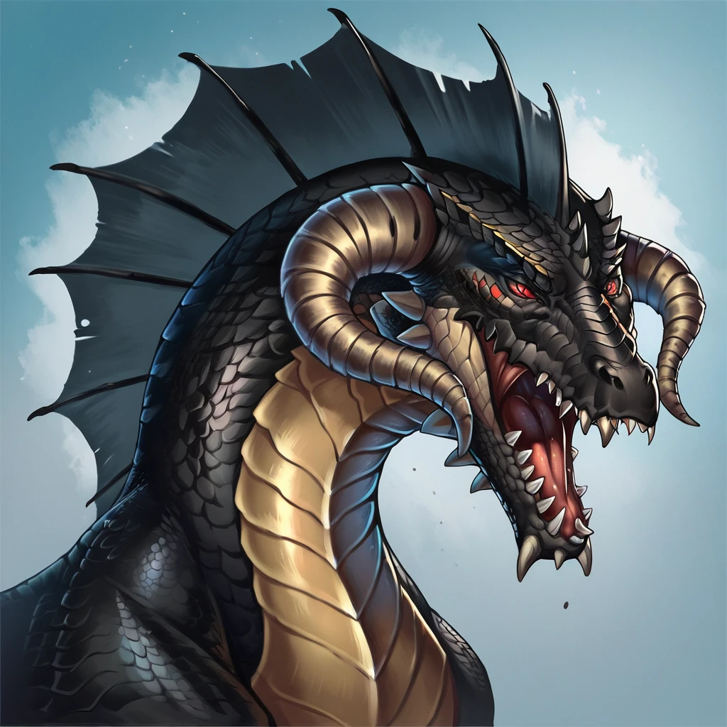 score_9 , score_8_up, score_7_up, 2.5d, source_cartoon,  
BREAK
detailed, Feral, dragon, sharp teeth, open mouth, claws, horns, portrait, monster, red eyes, curved horns, blackdrg, (black scales:1.5), , 