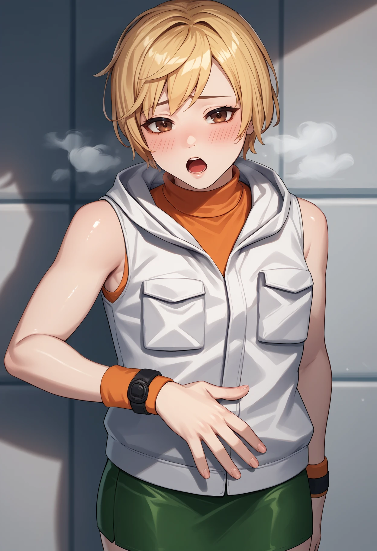 score_9, score_8_up, score_7_up, source_anime BREAK 1girl, solo, <lora:heathermason-silenthill-richy-v1_pdxl:1> hthrdf, brown eyes, blonde hair, short hair, white vest, orange sweater, turtleneck, sleeveless, wristband, green skirt, hood down, <lora:cuboon-artist-richy-v1_pdxl:1> open mouth, shiny skin, heavy breathing, panting, steam, thighs, hand on own stomach, blush, looking at viewer