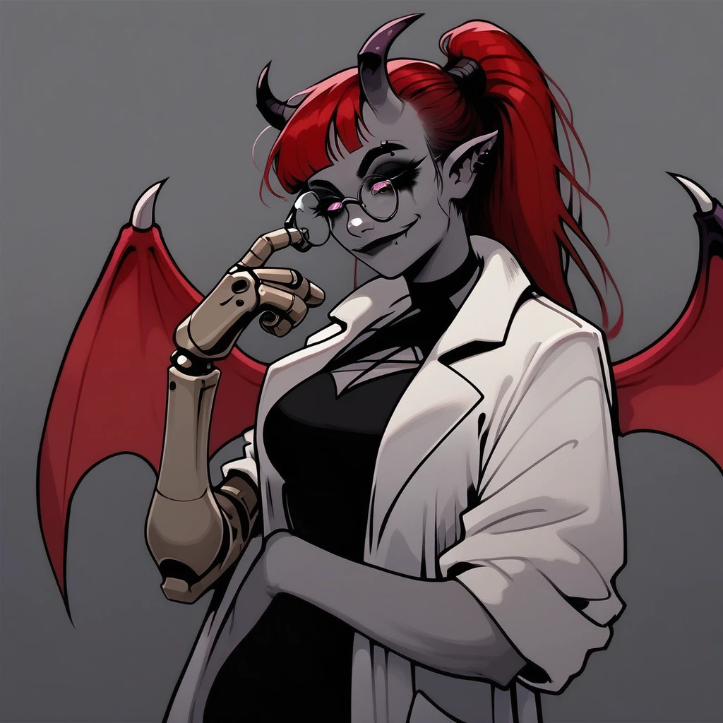 score_9, score_8_up, score_7_up, <lora:ShitpostSuccubusV2:1> SophraxiaHornyscientistV2, succubus, 1 girl, grey skin, goth, goth girl, goth makeup, grey colored skin, red hair, demon girl, horns, wings, bat wings, demon wings, red wings, lab coat, coat, single mechanical arm, glasses, round glasses, ponytail, high taied ponytail, side bangs, Oneprostethicarm, pink eyes,, amputee, prosthesis, prosthetic arm, medium breasts, pointy ears,