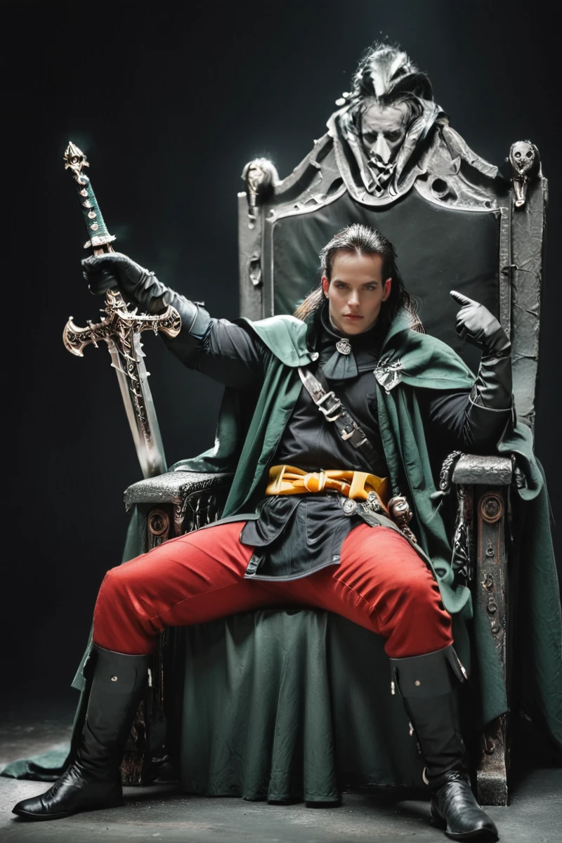 hires digital photo, photorealism, dark background, full body, vl4d_v0nc4rst31n sitting on a throne, on hand holding a sword by the grip, sword pointing downwards, wearing green cloak and black shirt, red pants, yellow sash, gloves, ring <lora:voncarsteinsPonyBF:1>, PonyXL_Scores, intricate details, high resolution,