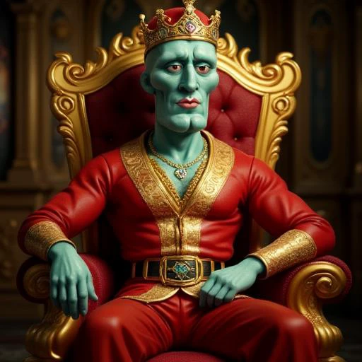 Handsome-Squidward sitting on a throne while wearing a red and gold robe and a crown made of jewels