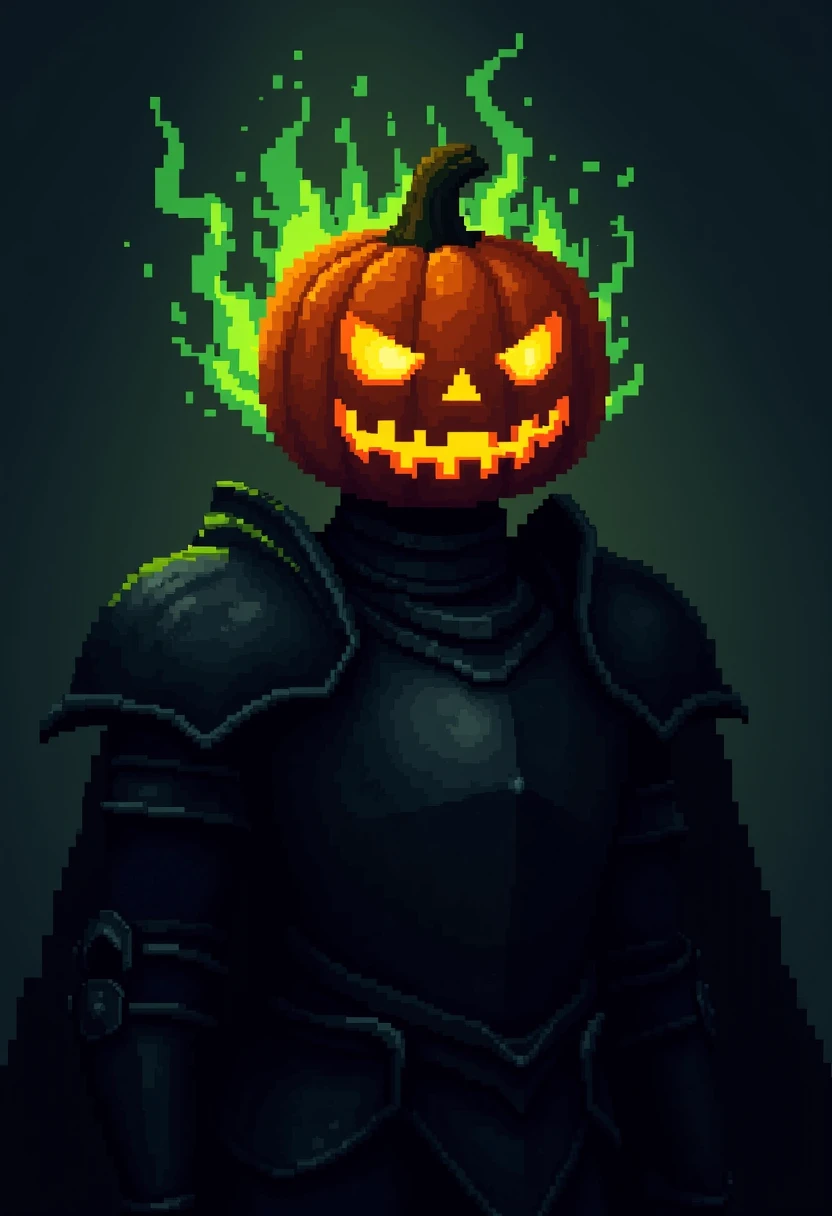 pixel art upper body portrait of a knight with a pumpkin for a head, green flames from the pumpkins eyes, black ancient armor