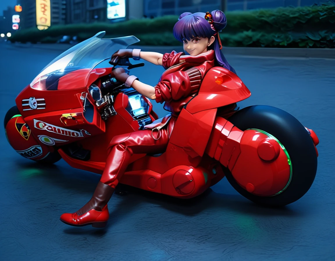 score_9, score_8_up, score_7_up, source_real, realistic, photorealistic, BREAK
KanedaBike_Akira, motor vehicle, ground vehicle, solo, black hair, gloves, motorcycle, 1girl, jacket, sunglasses, smile, car, looking at viewer, red jacket, cyberpunk, city, night, neon,
shampoo (ranma 1/2), purple hair, long hair, apron, red footwear, red eyes, hair bun, hair bell, hair ornament, double bun, bell, capri pants, red pants, smile,  <lora:BDpony_KanedaBike_Akira_V1-5175:1> <lora:detailed_notrigger:1> <lora:zy_Detailed_Backgrounds_v1:1>