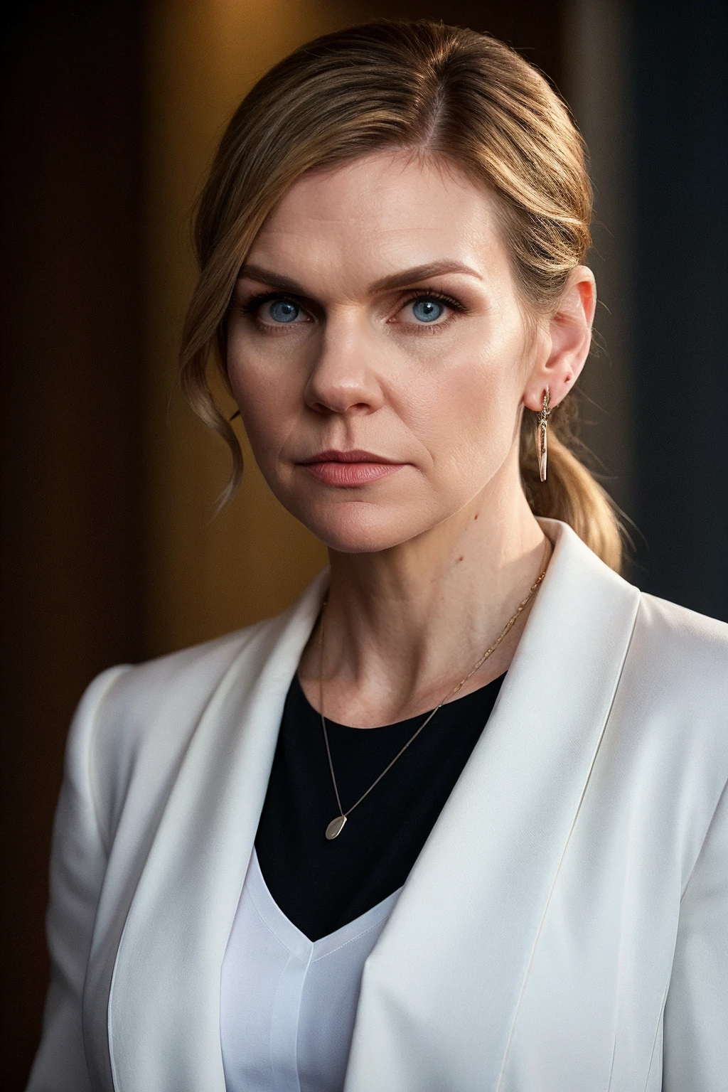 rheaseehorn, woman, blue eyes, blonde hair, shirt, jewelry, jacket, white shirt, upper body, earrings, indoors, necklace, blurry, black jacket, blurry background, formal, suit, hair tied back, ponytail,
highly detailed, ultra-realistic, cinematic, 
 <lora:RheaSeehorn_SD_v1:0.8>