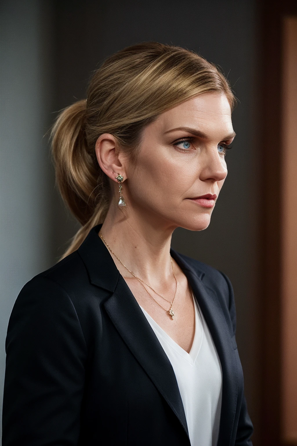 rheaseehorn, woman, blue eyes, blonde hair, shirt, jewelry, jacket, white shirt, upper body, earrings, indoors, necklace, blurry, black jacket, blurry background, formal, suit, hair tied back, ponytail,
highly detailed, ultra-realistic, cinematic, 
 <lora:RheaSeehorn_SD_v1:0.8>