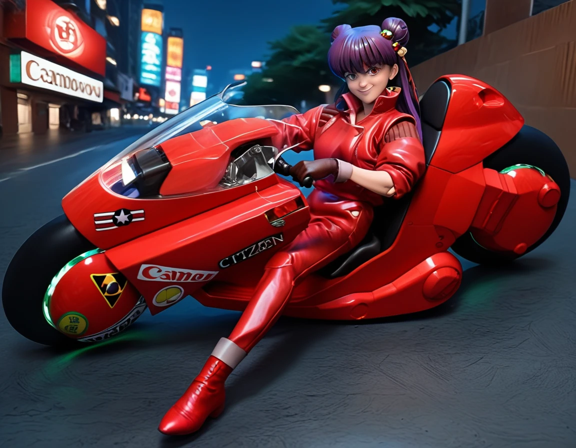 score_9, score_8_up, score_7_up, source_real, realistic, photorealistic, BREAK
KanedaBike_Akira, motor vehicle, ground vehicle, solo, black hair, gloves, motorcycle, 1girl, jacket, sunglasses, smile, car, looking at viewer, red jacket, cyberpunk, city, night, neon,
shampoo (ranma 1/2), purple hair, long hair, apron, red footwear, red eyes, hair bun, hair bell, hair ornament, double bun, bell, capri pants, red pants, smile,  <lora:BDpony_KanedaBike_Akira_V1-5175:1> <lora:detailed_notrigger:1> <lora:zy_Detailed_Backgrounds_v1:1>