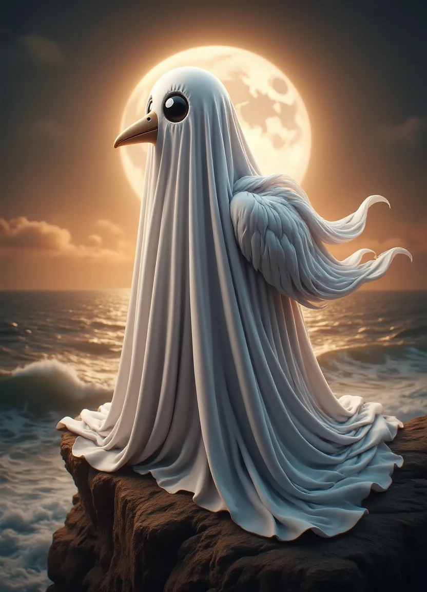 a surreal, dreamlike image of a white ghost in an elaborate, Victorian-style albatross costume standing atop a windswept cliff at sunset with a full moon rising behind it and a misty veil swirling around the figure.