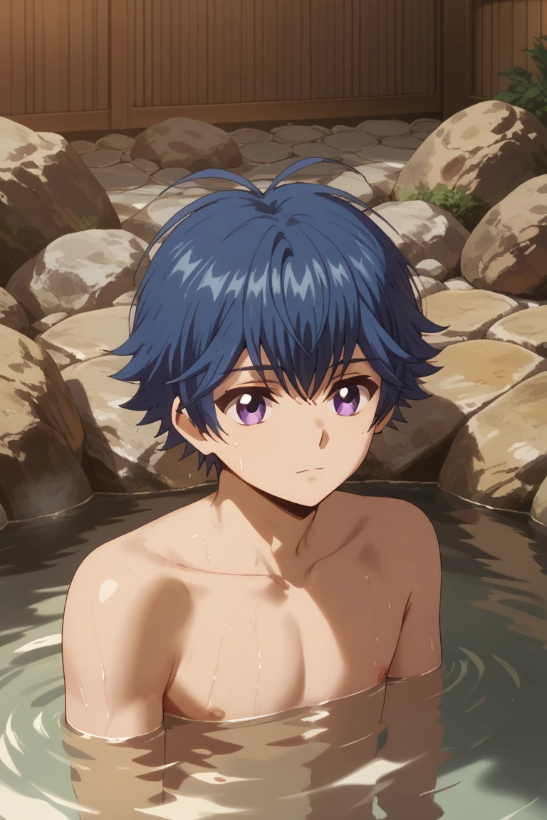 score_9, score_8_up, score_7_up, score_6_up, yu-yu kondo, blue hair, purple eyes, 1boy, male focus, solo, onsen, water, partially submerged, antenna hair, collarbone