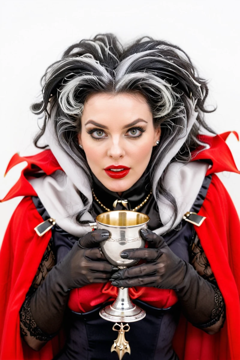 hires digital photo, photorealism, simple white background, 1s3b3ll4_v0nc4rst31n, from above, face focus, looking up, one hand up, one hand holding a golden goblet above own forehead, wearing high collar red cloak, large hair, white streaked hair, bat_hairpin, gigantic bust, narrow waist, wide hips <lora:von_carsteins_xl:1> foreshortening, intricate details, high resolution,, wearing black lace pantyhose bodystockings and high heels, covered pussy, covered breasts