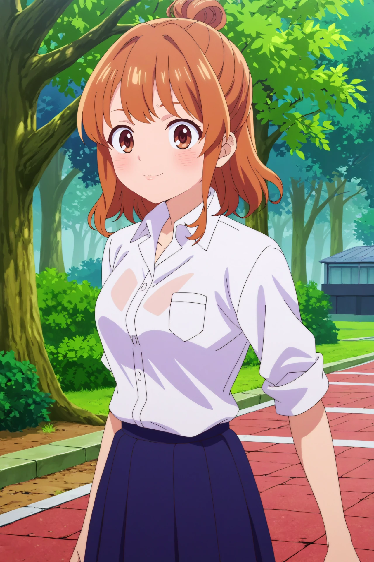 moeko sekine,1girl,solo,brown eyes,brown hair,looking_at_viewer,blush,hair bun,single hair bun,skirt,smile,collared shirt,white shirt,breasts,school uniform,upper body
BREAK
outdoors,open field,tall trees,school buildings, light breeze



<lora:Moeko_Sekine_-_BokuYaba.safetensors:0.8>