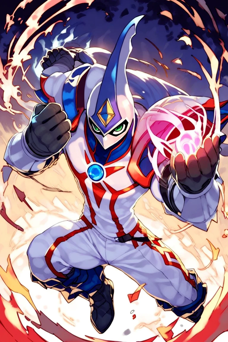 score_9, score_8_up, score_7_up, s anime origin, elemental hero neos, armor, Mask, fighting pose, energy sphere in hands, Kame hame ha, full body, looking at viewer, front view