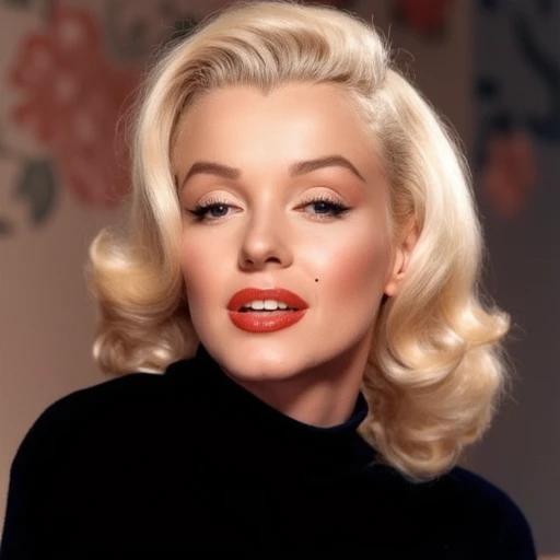 showcasing her bright red lipstick. She has a light complexion and is wearing a black, styled blonde hair with a slight wave, color photograph of a woman with a classic Hollywood glamour aesthetic, perfectly curled waves. Her skin is a light, platinum-blonde hair styled in soft, a famous American actress and model, gazes directly at the camera with a subtle, expressive look., glossy red