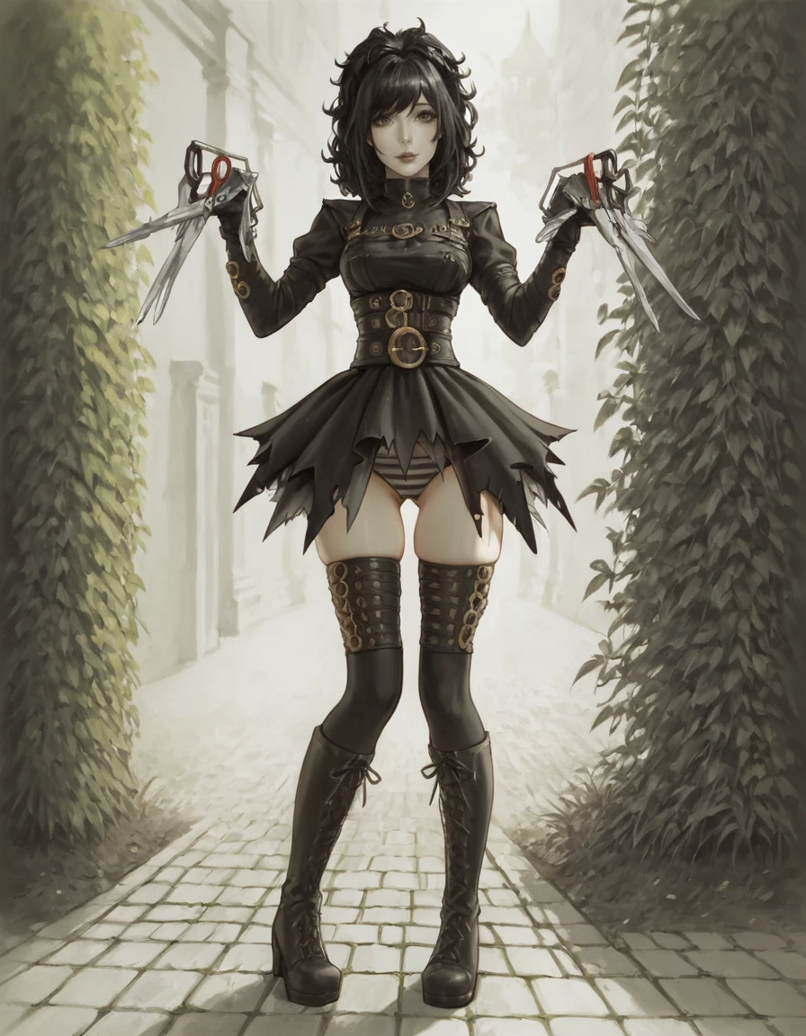 score_9, score_8_up,score_7_up, 1girl solo, standing, outdoors, lawn, garden, hedge, sunny day, looking at viewer, skindentation
BREAK <lora:Edward_Scissorhands_-_Bishoujo_Kotobukiya:0.7> Edward Scissorhands, Scissors, black hair, grey eyes, pale skin, sad, black lips, black clothes, boots, standing, thighhighs, panties, stripe panties, from under
<lora:Expressive_H:0.8> Expressiveh <lora:Requiem_Chevalier_Vampire_Requiem_Vampire_Knight_-_Olivier_Ledroit:1>