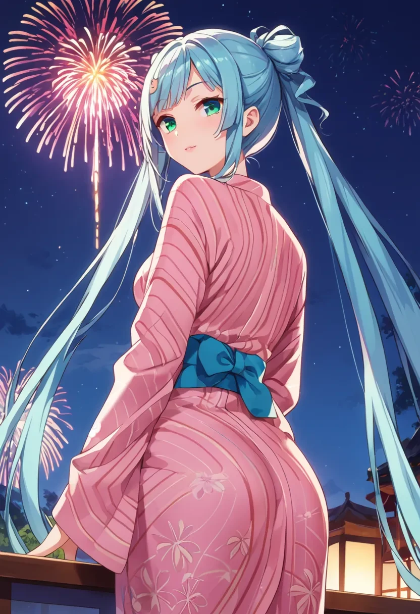 score_9, score_8_up, score_7_up, score_6_up,
masterpiece,

1girl, solo,

Sagara Momoka, green eyes, blue hair, long hair, very long hair, twintails, hair ornament,

fireworks, night, looking back, from behind,

yukata,