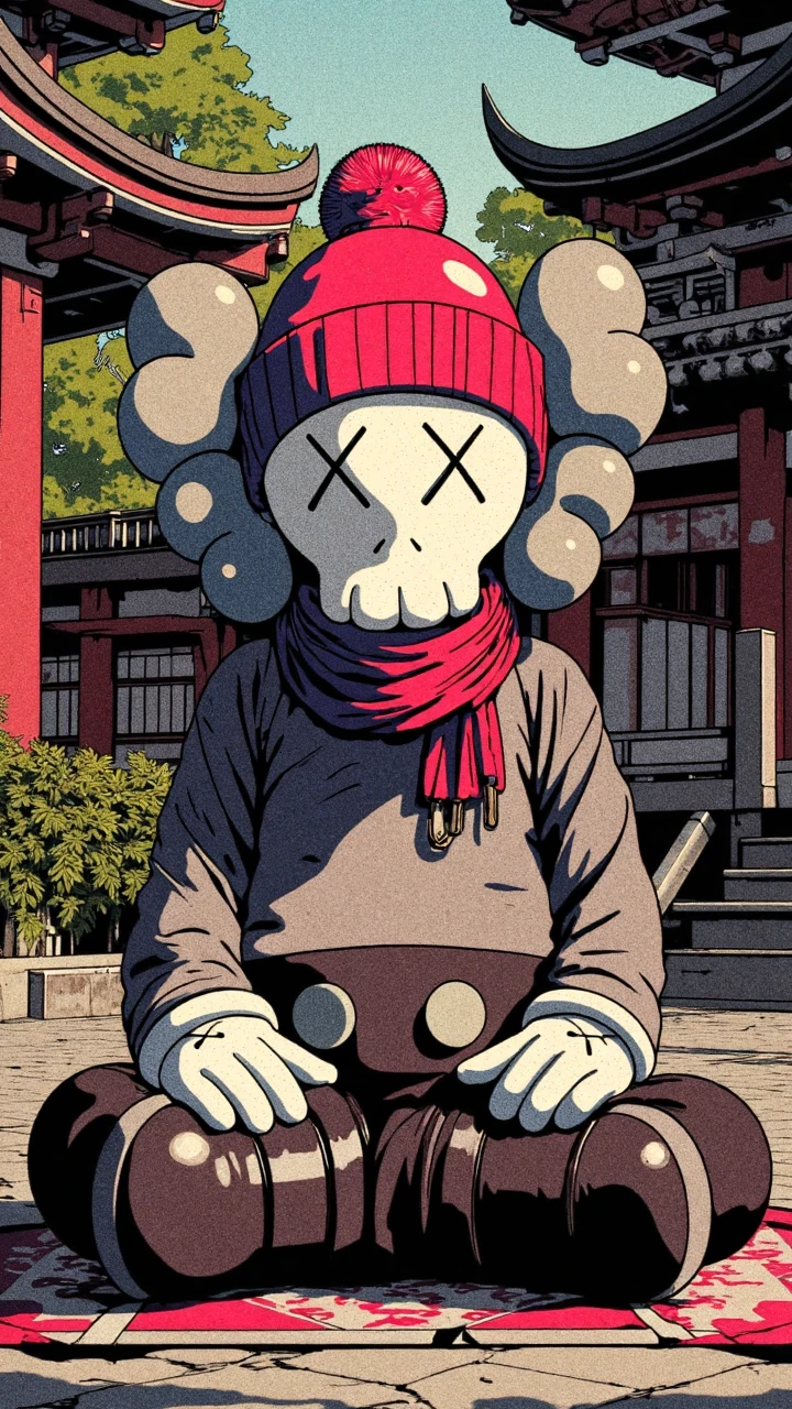 Retro anime style, (kaws), A full body portrait shot of a cyborg kaws figurine knitted beanie looking directly into the camera, sitting in a lotus posistion in the middle of a buddhist temple garden.