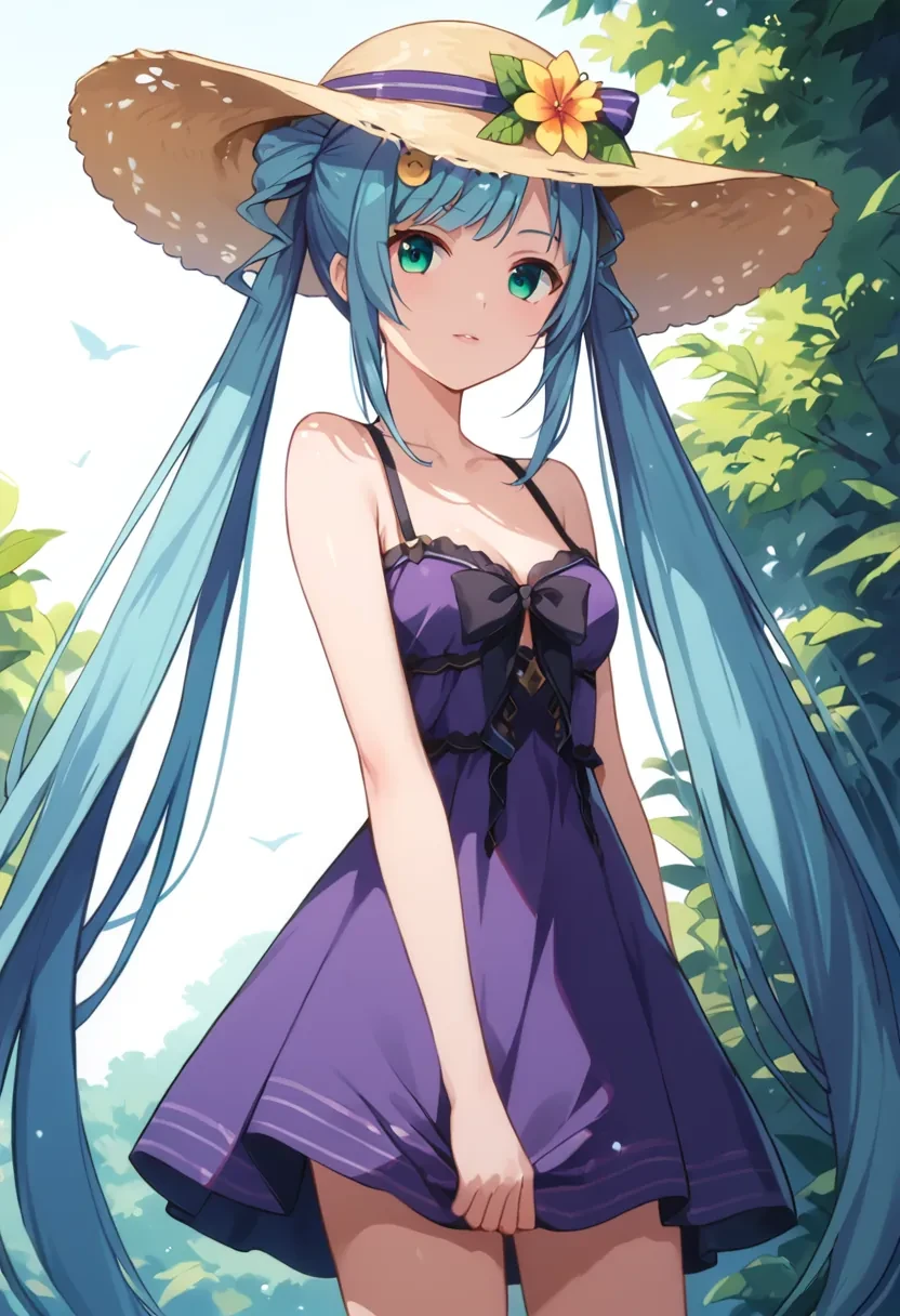 score_9, score_8_up, score_7_up, score_6_up,
masterpiece,

1girl, solo,

Sagara Momoka, green eyes, blue hair, long hair, very long hair, twintails, hair ornament,

purple summer hat, purple summer dress,

