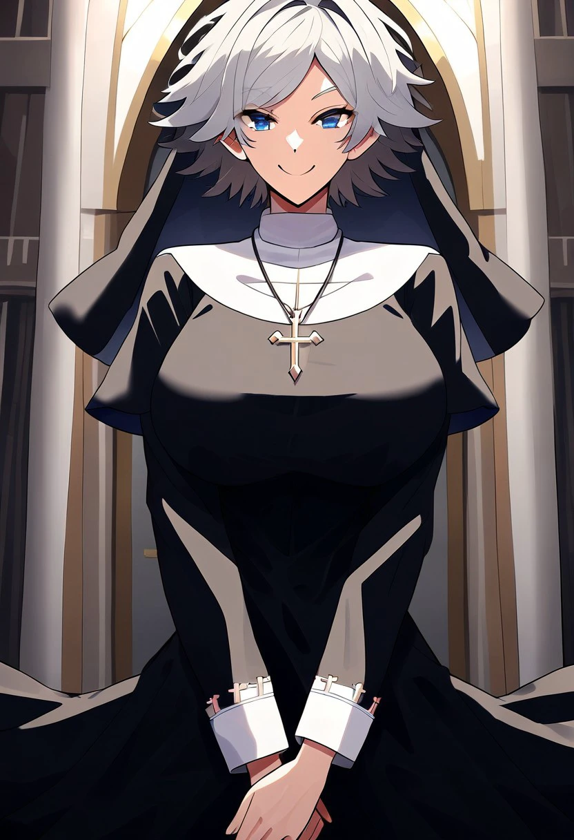 score_9, score_8_up, score_7_up, 
gr1seld4qu4rt4, Griselda Quarta ,
1girl, solo, breasts, looking at viewer, smile, short hair, blue eyes, large breasts, long sleeves, dress, jewelry, white hair, grey hair, indoors, necklace, black dress, cross, nun, habit, cross necklace