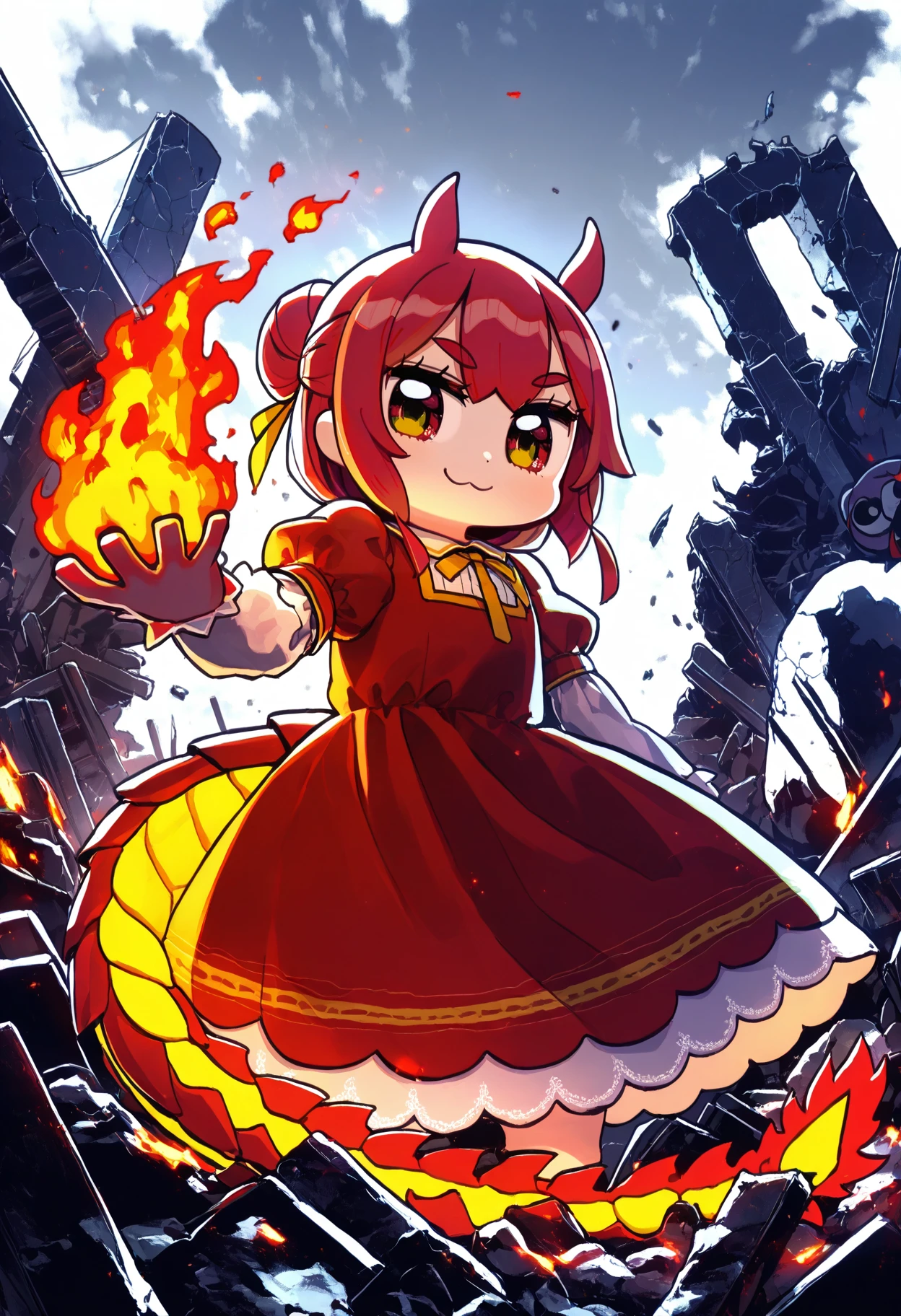 (score_9,score_8_up,score_7_up:0.5), (noodlenood:0.5), (negiwo:0.75), neki_(wakiko), naga u, bkub, Solo, Villainess, red-hair, long-hair, half-updo, fire-mage, long-dress, red-dress, gold-trim, fire, ruins, monster-girl, dragon-tail, dragon-horns, dragon-symbol,
absurdres, highly-detailed, best quality, masterpiece, amazing shading, detailed illustration,