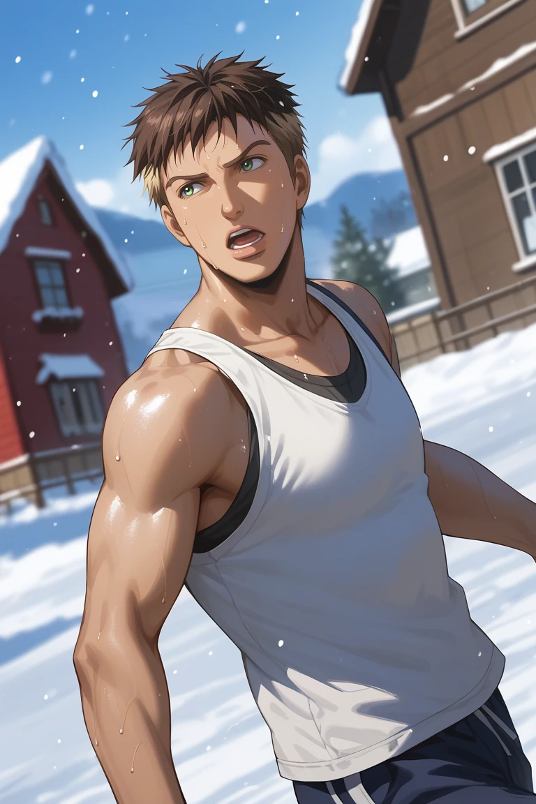 score_9, score_8_up, score_7_up, source_anime, rating_questionable, day, snowing, snow, winter, natural lighting, male focus, manly, looking away, heavy breathing, leaning forwards, running, sprinting, sweating, TerasakaAC, brown-blonde_Terasaka_two-tone short hair, green_Terasaka_eyes, tank top, shorts, casual clothes, sexiest man alive, sweatdrop, parted lips, head tilt, open mouth, 1boy, blurry outdoors front yard, house exterior, from side, dutch angle, intricately detailed illustration, atmospheric perspective, depth of field, realistic shading,
