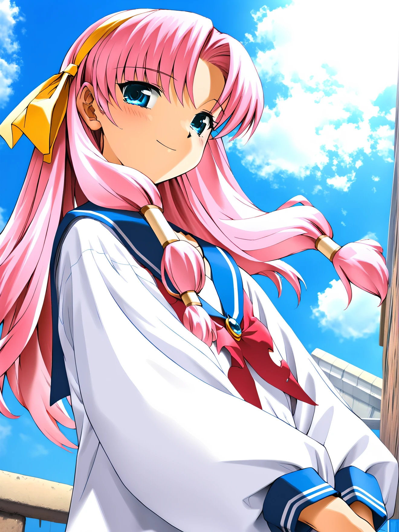 masterpiece, best quality, high quality, aesthetic, absurdres, insanely detailed,
1girl, cloud, sky, pink hair, blue eyes, serafuku, long hair, smile, jewelry, dutch angle, hairband, brooch, long sleeves, from below, ribbon, outdoors, looking at viewer, sidelocks, hair tubes, bangs, hair ribbon,
<lora:karen-style-xl_v1.0:1>