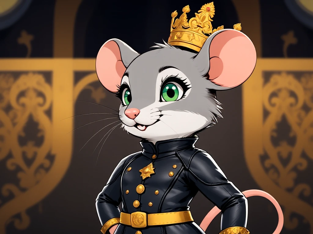 (90ies anime-cartoon style, flat colors:1.15), (whiskers of a mouse:0.8)

high class royal mouse in intricate black leather bodysuit, golden jewelry, golden crown

(green eyes, blue hair ornaments, short grey hair:1.05)

(grey anthro mouse lady, grey fur, furry, big eyes, small waist, full body view, big breasts, mature lady.:0.92)

(abstract outer space, earth, moon, sun, stars, nebula:0.5)