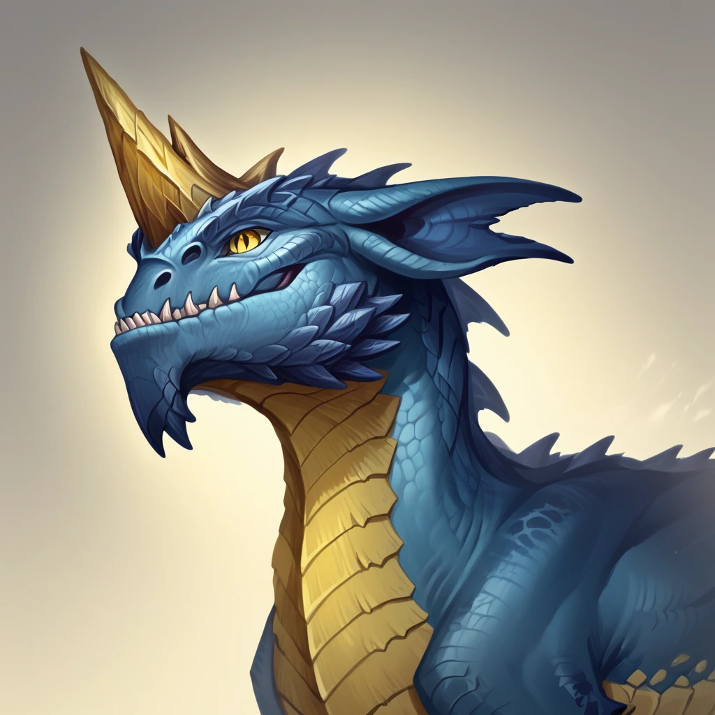 score_9, score_8_up, 2.5d, masterpiece, highres, absurdres, source_cartoon , BREAK  bluedrg, Feral, dragon, blue scales, yellow underbelly, sharp teeth, yellow eyes, big horn on head, , portrait , blue body, solo, hi res , detail background 