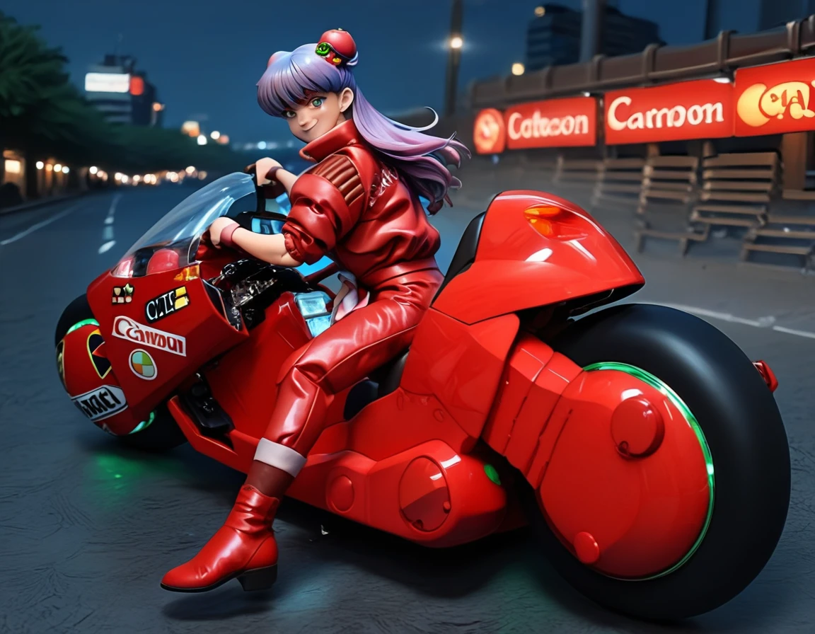 score_9, score_8_up, score_7_up, source_real, realistic, photorealistic, BREAK
KanedaBike_Akira, motor vehicle, ground vehicle, motorcycle, solo, jacket, vehicle focus, smoke, 1girl, motorcycle helmet, male focus, red jacketcyberpunk, city, night, neon,
shampoo (ranma 1/2), purple hair, long hair, apron, red footwear, red eyes, hair bun, hair bell, hair ornament, double bun, bell, capri pants, red pants, smile,  <lora:BDpony_KanedaBike_Akira_V1-5175:1> <lora:detailed_notrigger:1> <lora:zy_Detailed_Backgrounds_v1:1>