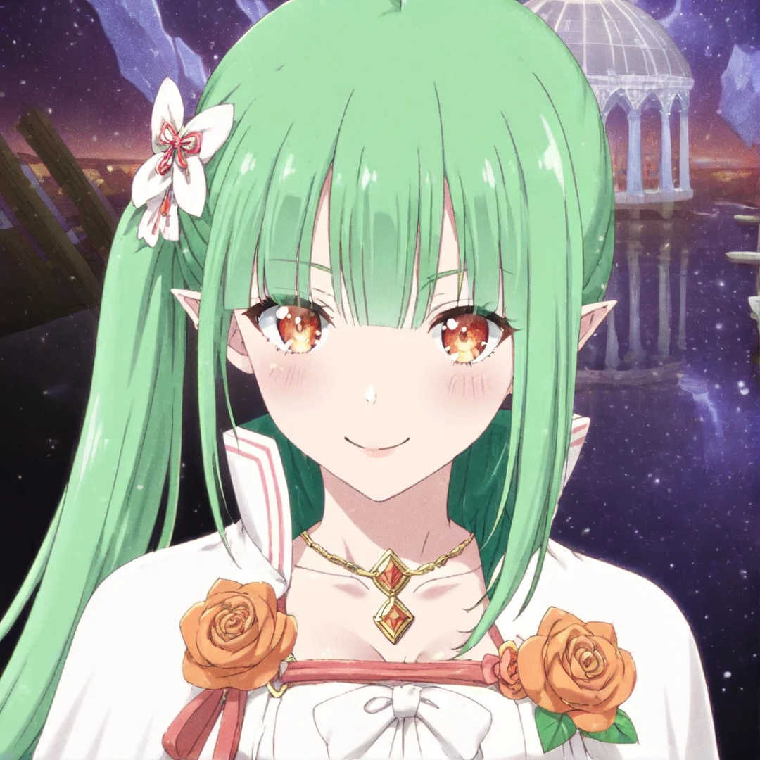 <lora:Shion:1>, shion, has long green hair with a ponytail, her attire consists of a short white cloak with a green diamond-shaped pattern in the inside, a white and brown dress that is like a huntress wears, and white high-end boots, she also adorns an orange rose on her left shoulder, a dagger wrapped around on her hips, and a small gold locket around her neck, solo, looking at viewer, close up