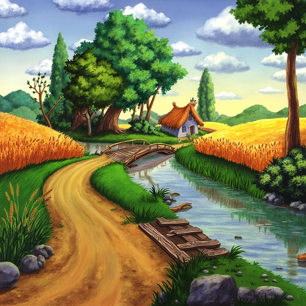 The PIVIG image style. The image is a vibrant, whimsical digital illustration depicting a serene, idyllic rural setting. In the foreground, a winding dirt path of golden brown earth leads to a rustic wooden bridge with planks laid haphazardly across a calm, reflective river. The bridge spans this small river, which reflects the sky and surrounding landscape. The surface of the water is dotted with a few small ripples and has a soft shimmer.

To the right, lush green reeds and tall golden wheat fields stretch to the horizon, creating a natural boundary. The wheat field is detailed with individual stalks of wheat, adding texture and depth.

In the background, a picturesque cottage with a thatched roof and a small, quirky curved design sits on a hill, partially hidden by green trees. The cottage has a thatched roof, a vibrant reddish brown color that contrasts with the green foliage. The trees are dense and varied, some with a slightly surreal, cartoonish look, adding to the whimsical atmosphere.

The sky overhead is a gradient of soft blue and white, filled with fluffy white clouds, suggesting a peaceful, sunny day. The overall scene is rich in color and texture, mixing elements of nature with a touch of fantasy and whimsy.