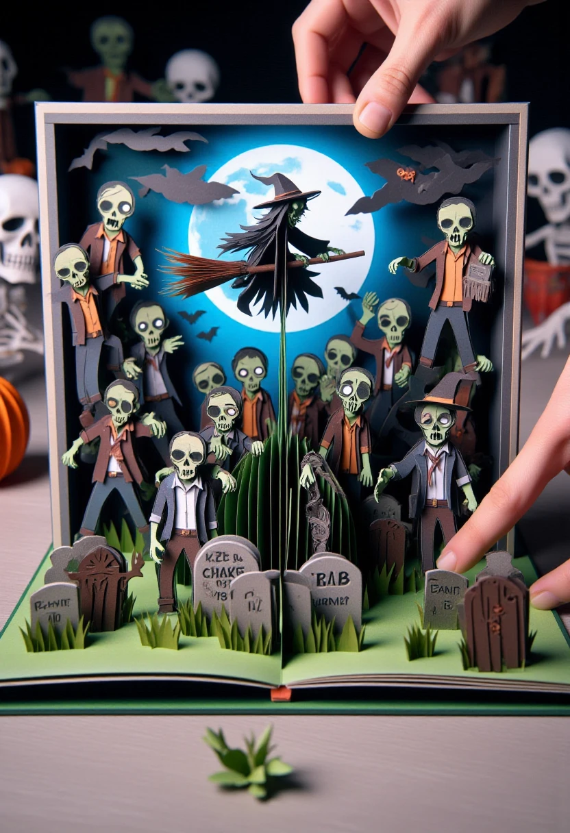 <lora:Pop-up_Book_Papercraft_Plotter_FLUX:1.1>
The image is a highly detailed, vibrant, photograph of a scene from a pop-up book, featuring a zombie graveyard halloween scene with a witch on a broomstick