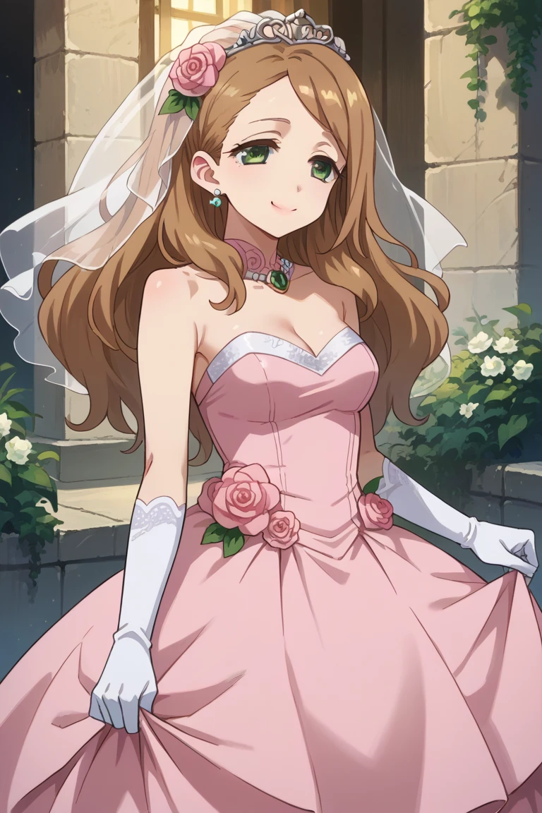 score_9,score_8_up,score_7_up,source_anime,BREAK
1girl, solo,
Kirii Futaba, long hair, brown hair, green eyes,
wedding dress, pink dress, smile