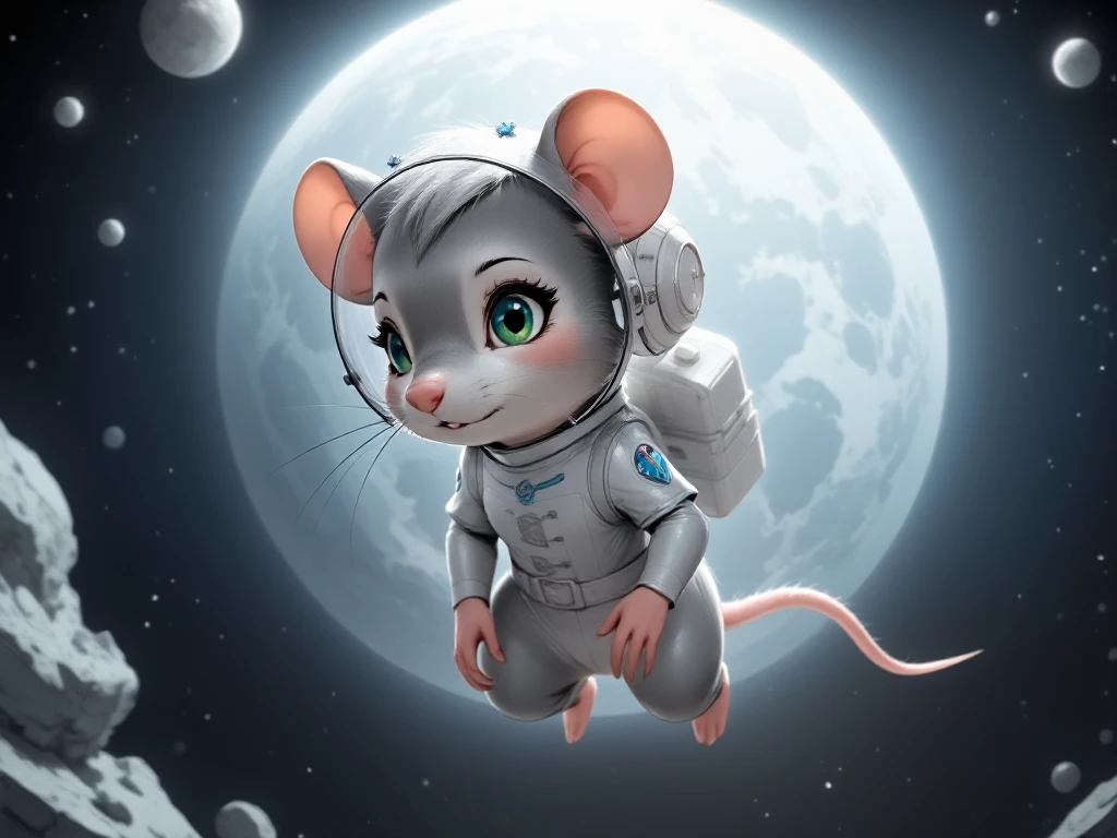 (real photo, realistic lighting, real:1.25), (whiskers of a mouse:0.7)

(alien big spaceship, mothership:1.1)

(wearing a space-suit in outer space, glass helmet, mounting a white horse floating:0.8). (green eyes, blue hair ornaments, short grey hair:1.05)

(grey anthro mouse lady, grey fur, furry, cute big eyes, small waist, full body view, big breasts, mature lady.:0.8)

(abstract outer space, earth, moon, sun, stars, nebula:0.72)