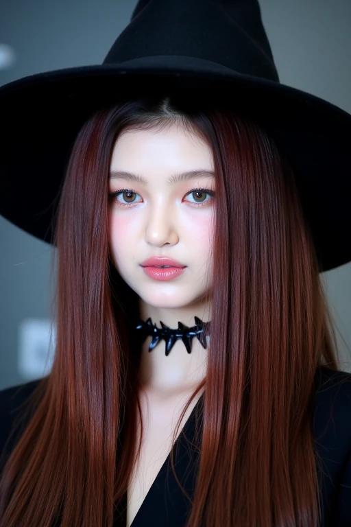 a high-resolution, softly lit photograph featuring a young Asian woman with a delicate, spooky appearance. She has long, wavy hair in a dark red hue, styled with black witch hat that frame her face. Her skin is a smooth, pale complexion, and her eyes are a striking feature, with a subtle, shimmery effect that catches the light. Her lips are painted a soft, muted black, and she wears a scary, spiky choker around her neck. The background is a harsh, dimly lit, which helps to emphasize the subject's delicate features and the harsh colors of her hair and accessories. The image is rich in texture and detail, with a focus on the subject's serene and dreamy expression. The overall aesthetic is horrific and scary, evoking a sense of wrath and dominance. The photograph's soft focus and harsh colors create a spooky, ethereal atmosphere, perfect for a fantasy or fairy tale-inspired setting. The subject's delicate features and accessories, such as the witch broom, add to the enchanting and otherworldly quality of the image. The style is reminiscent of high-fashion photography, with a focus on delicate, feminine beauty. <lora:Tissue_Danielle_Flux_v1.1-LowRep:1>