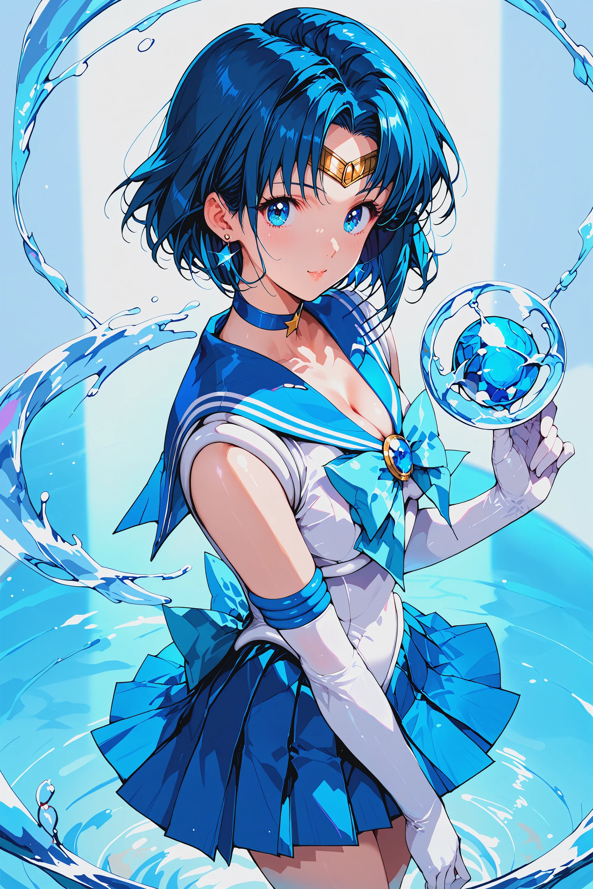 score_9, score_8_up,  score_7_up, source_ANIME,
1girl, solo, 
ceii ami mercury, 
blue hair, blue eyes, short hair, parted bangs, earrings, circlet, circlet with blue gemstone , choker, blue choker, star choker, (cleavage), small breasts, 
sailor senshi uniform, bow, blue bow, sailor collar, blue sailor collar, bow with blue gemstone,  white leotard, elbow gloves, white gloves, pleated skirt, blue skirt, magical girl, 
looking at viewer, 
water, background, abstract background,
 <lora:ami01ch_e10:0.8>