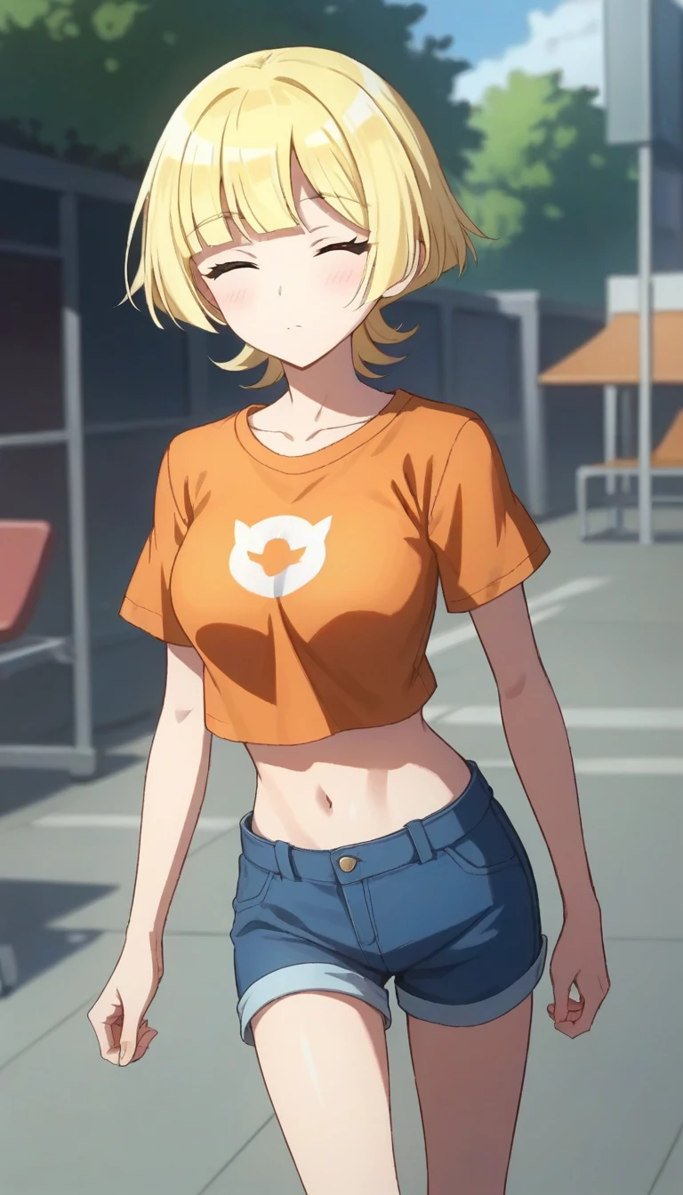 score_9,score_8_up,score_7_up,score_6_up BREAK official art,solo,outdoors,cowboy shot,looking at viewer,facing viewer,blush,expressionless,standing,Emma Hanes,blonde hair,short hair,blunt bangs,closed eyes,collarbone,crop top overhang,cropped shirt,t-shirt,orange shirt,short sleeves,medium breasts,navel,seiza,blue shorts,short shorts,white socks,sneakers,<lora:Emma Hanes(dgg)-Pony:1.4>,