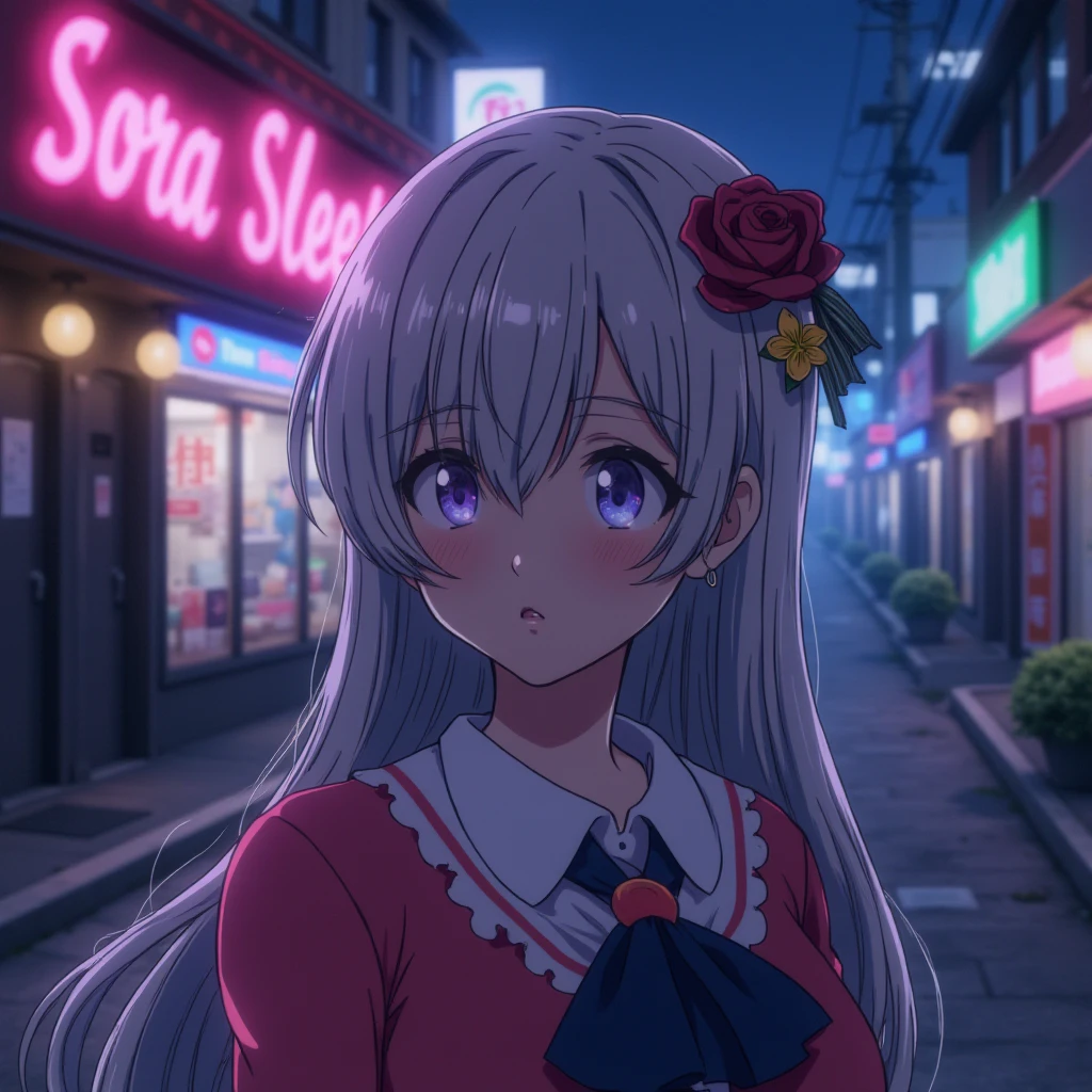 Elizabeth Liones Nanatsu no Taizai,street background, neon words "Sora Sleep",