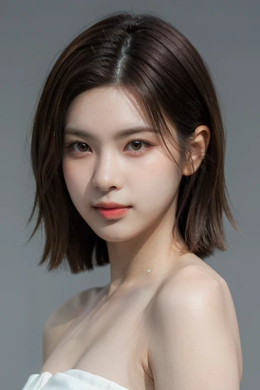 masterpiece, best quality, ultra-detailed, ultra high res, (photorealistic:1.4), raw photo, (realistic:0.2), 8k HDR, realistic cool temperature lighting, (asian:0.2), 1girl, solo, asymmetrical hair, indoor, day, (simple gray background:1.2), bokeh, (detailed lips), (detailed pores), (detailed skin textures), (detailed face:1.2), (upper body:1.2), a woman in a white strapless tube dress, promotional image, a character portrait,