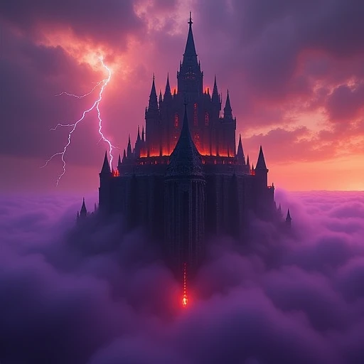 cpolldreamyfortress, cpolldfffitowd, floating fortress in the otherworld, otherworld, floating fortress, outdoor, orange sky, orange lightnings in sky, vivid purple mist, purple lightnings in vivid purple mist