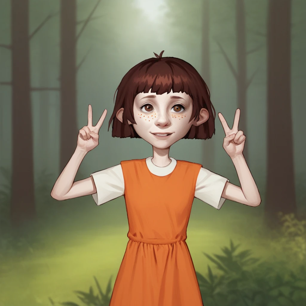 score_9_up, score_8_up, BREAK, AngelaAnaconda, 1girl, solo, brown hair, short hair, brown eyes, freckles, orange dress, white sleeves, short sleeves, cowboy shot, double v,  <lora:AngelaAnaconda_PXL_Leaf1:1>, outdoors, forest,