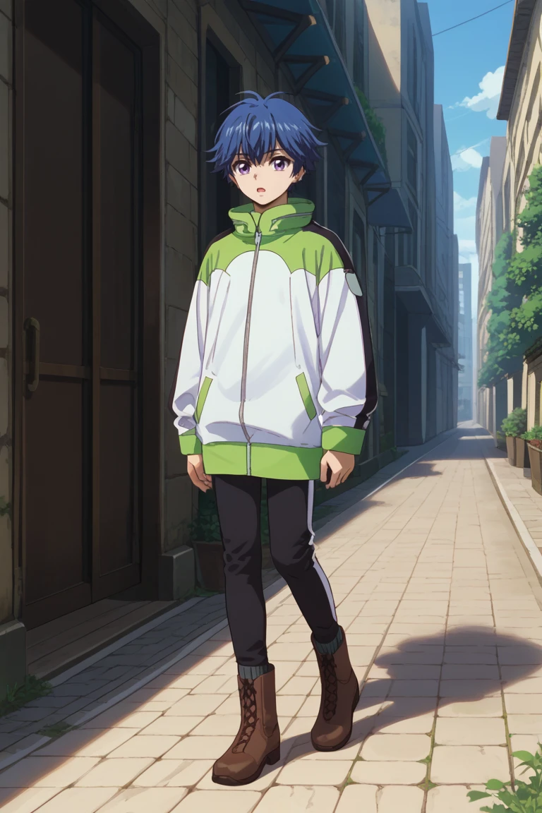 score_9, score_8_up, score_7_up, score_6_up, yu-yu kondo, blue hair, purple eyes, white with green jacket, 1boy, male focus, solo, jacket, open mouth full body, track jacket, black pants, brown boots, outdoors