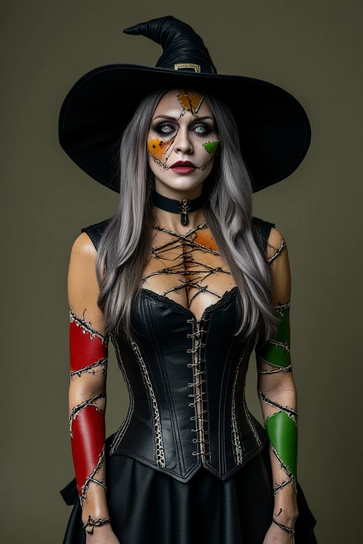 a photo of a woman with red, orange and green frankenzombie skin wearing a witch outfit