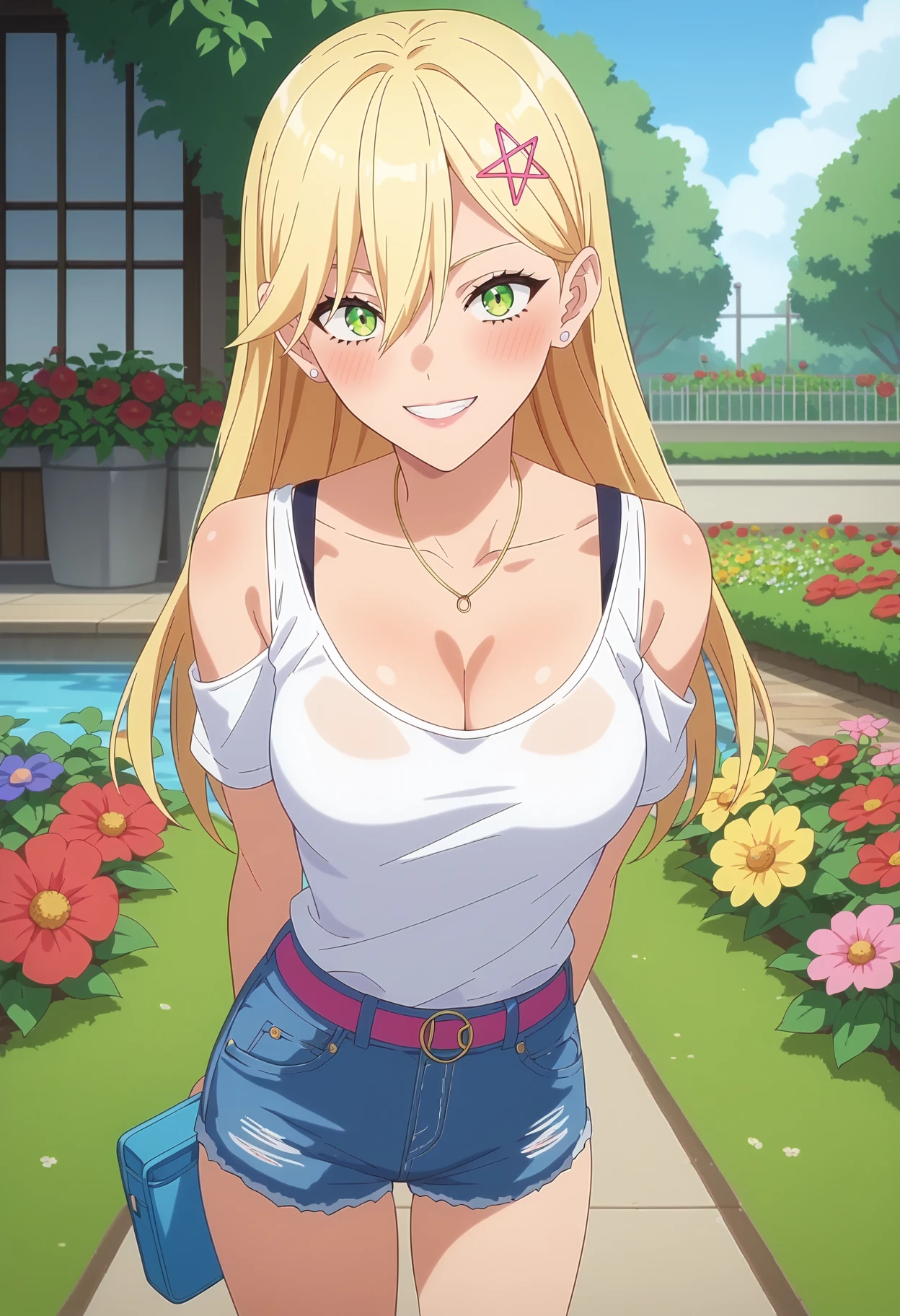 score_9, score_8_up, score_7_up, anime screencap, source_anime, 1girl, solo,
<lora:Aria_Kisaki_2.5_Dimensional_Seduction_V1:.85>, KJOaria, blonde hair, green eyes, hairclip, gyaru, long hair, 
outdoors, garden, flowers, pond, standing, seductive smile,
cleavage, strap, bare shoulders, denim shorts, loose white shirt, arms behind back,
(Beautiful, medium Breasts:1.2),