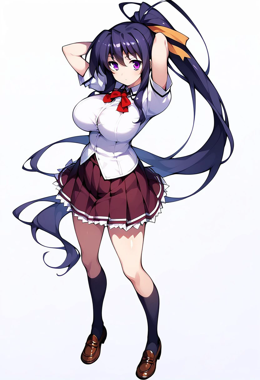 score_9, score_8_up, score_7_up, 
4k3n0h1m3j1ma,Akeno Himejima,1girl, solo, long hair, breasts, skirt, large breasts, simple background, black hair, white background, ribbon, very long hair, school uniform, purple eyes, full body, hair ribbon, ponytail, shoes, socks, kneehighs, black socks, loafers, arms behind head,