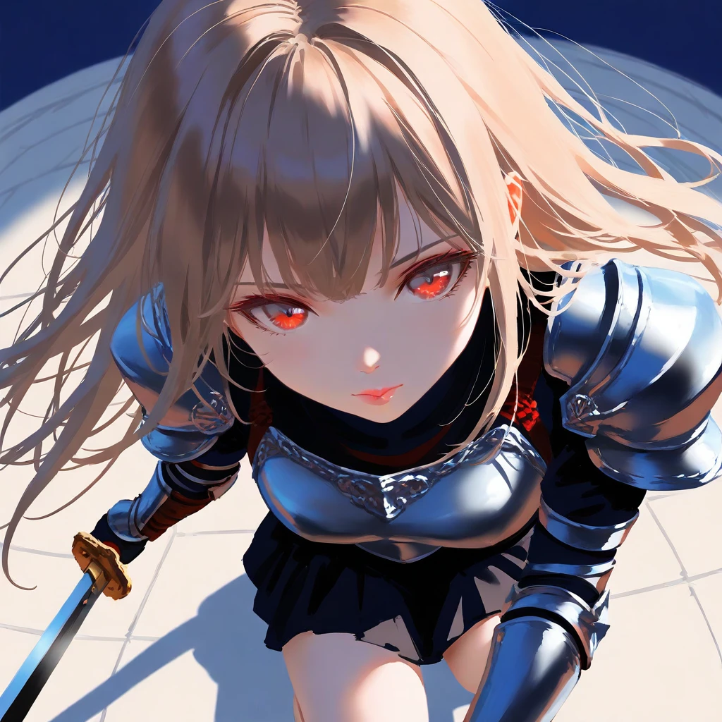 red eyes, long hair, 
armored dress, holding weapon, sword, 
on one knee, 
fisheye, perspective, from above, close-up, 
1girl, solo, 
wlop, rurudo, oil painting \(medium\), 
(masterpiece:1.2), (best quality:1.2), (very aesthetic:1.2), (absurdres:1.2), (detailed background), (extremely detailed), newest,