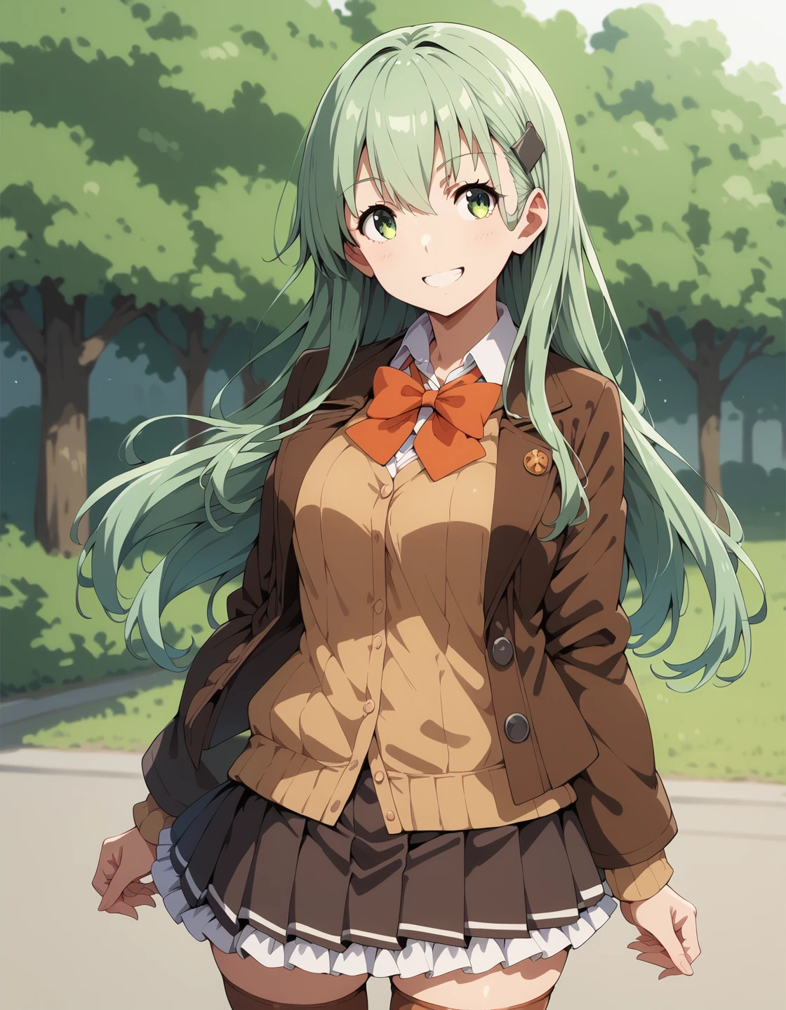 score_9, score_8_up, score_7_up,source_anime,rating_safe,cowboy shot,
1girl,solo, light green hair, green eyes, large breasts, smile,
<lora:zr_suzuyaP:1>, suzuyaKC, hairclip, brown skirt, pleated skirt, brown thighhighs, jacket, cardigan, school uniform, bowtie,